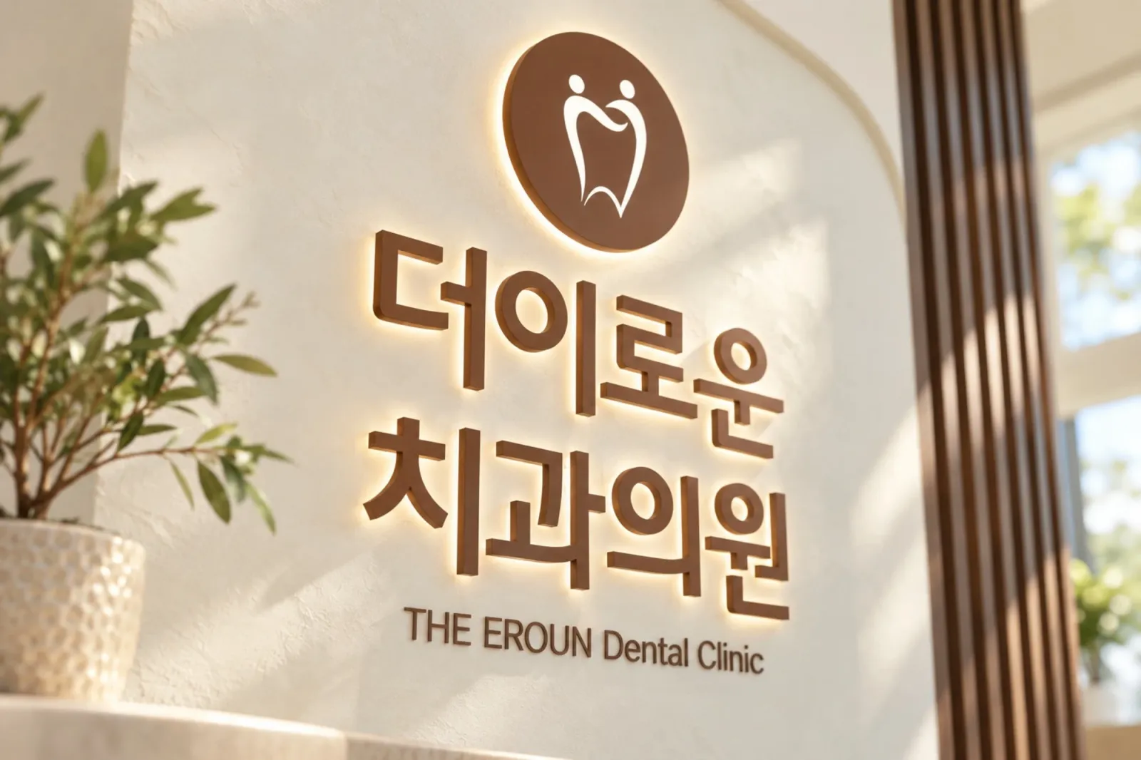 더이로운치과 병원 안내 데스크와 브랜드 사인